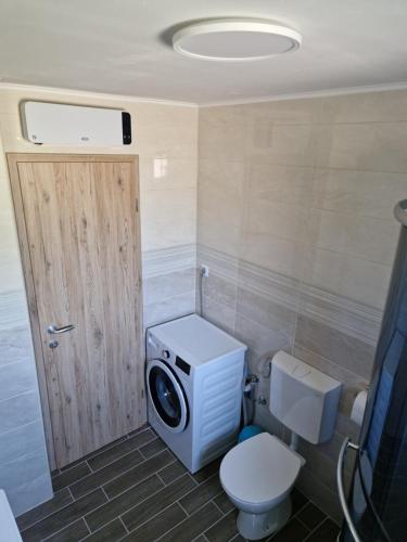 托尔明Apartma Tija的一间带卫生间和洗衣机的浴室