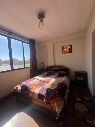 奥鲁罗Hostal Graciela的一间卧室设有一张床和一个大窗户