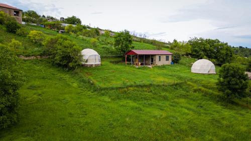 伊杰万Yenokavan Glamping的两座白色圆顶,位于一座绿色山丘上,设有一座房子