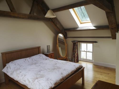 卡洛Lovely 3-Bed House at Clashganny Mill Borris的一间卧室配有一张大床和镜子