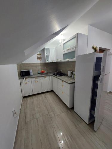 克尔茨什瓦拉乡Casa Cristina的厨房配有白色橱柜和白色家电