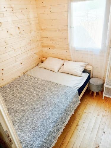 亚斯塔尔尼亚Dreamholia的木制客房的一张床位,设有窗户