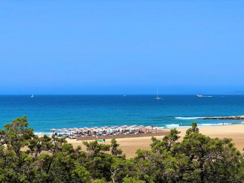 纳克索乔拉pirgaki seaside house的海滩上放着一把遮阳伞,大海