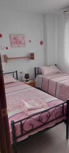 阿尔考斯布里Résidence MADRID的一间卧室配有两张床,床上铺有粉红色的毯子。