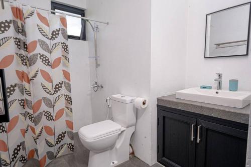格兰贝伊Lotus Lane Apartments的浴室设有卫生间、水槽和淋浴帘