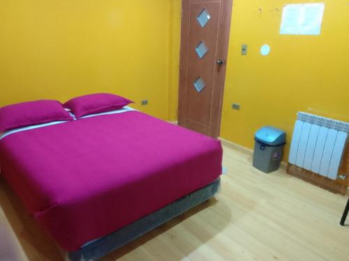 乌尤尼Hostal Sin fronteras的一间卧室配有一张大床和紫色毯子