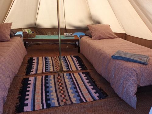 LaitilaGlamping Kiveinen的帐篷内的两张床,地板上铺有地毯