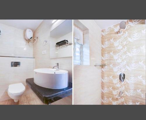 阿斯高Dia BNB的浴室设有水槽和卫生间,两幅图片