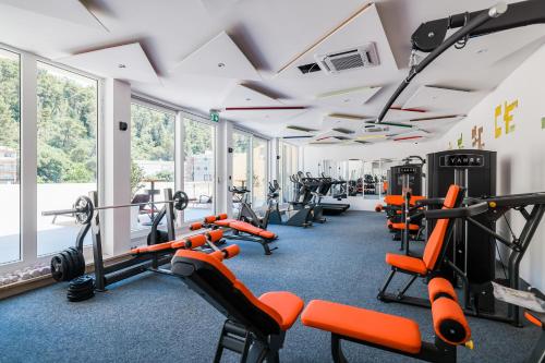 奥布罗瓦茨Hotel Kanjon Zrmanje的健身房,配有一排跑步机和机器