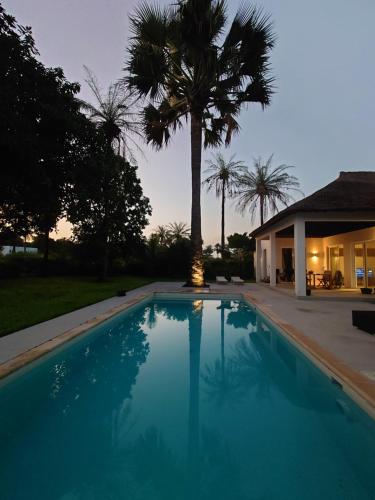 斯基灵角Villa Cap Ouest Piscine Grand Jardin à 2 Pas de l'Océan的棕榈树屋前的游泳池