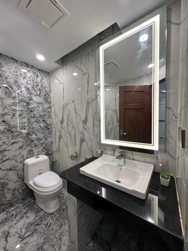 伊斯兰堡Emeralds Villa Islamabad的一间带卫生间、水槽和镜子的浴室