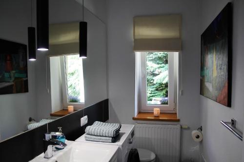 纳文丘夫Studio Nałęczów的一间带水槽和卫生间的浴室以及两个窗户。