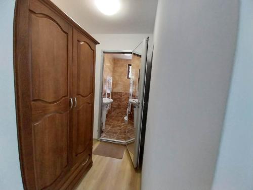 科普里夫什迪察Kъща за гости Демария的一间带木制橱柜和镜子的浴室