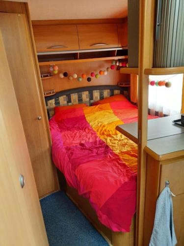 艾瓦耶Olga caravane的一间小卧室,卧室内配有一张床铺