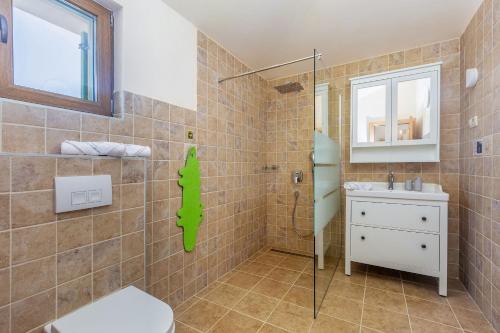 利纳迪奇Rustic Villa Bellamare的带淋浴、卫生间和盥洗盆的浴室