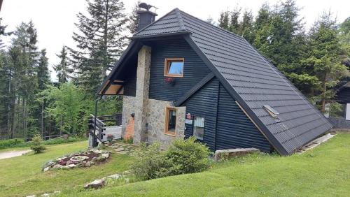 兹雷切Rogla - Koča Mojca Pokrajculja的山丘上一座带黑色屋顶的小房子