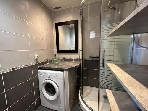 艾克斯莱班Appartement T3 Aix les bains的一间带镜子的浴室内的洗衣机
