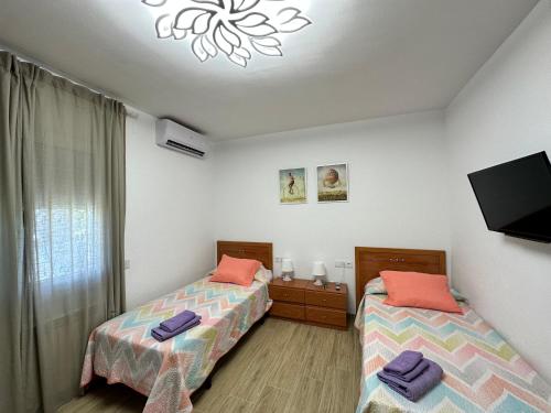 迈阿密普拉特亚Villa “Castellón“的一间卧室设有两张床,墙上配有电视。