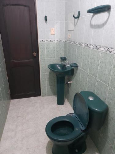 里奥阿查Casa Hostal Perla Roja的浴室设有黑色的卫生间和水槽。