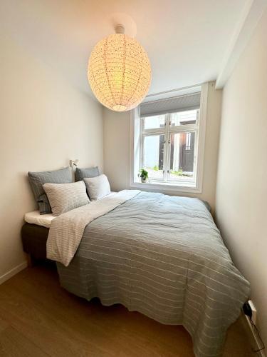 卑尔根Knøsesmauet Apartment的一间卧室配有一张床和一个吊灯