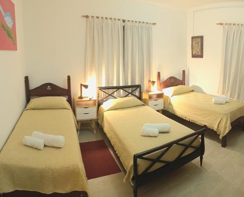 埃博森Las Tejuelas Hosteria Patagonica的一间卧室配有三张床和毛巾