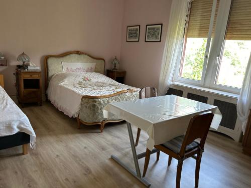 圣阿玛尼Chambre Gentiane 2 à 3 personnes wifi sdb partagée的卧室配有一张床和一张桌子及椅子
