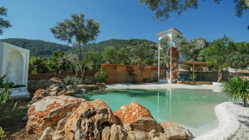 费特希耶Zai Jardin的一座位于岩石庭院内的游泳池