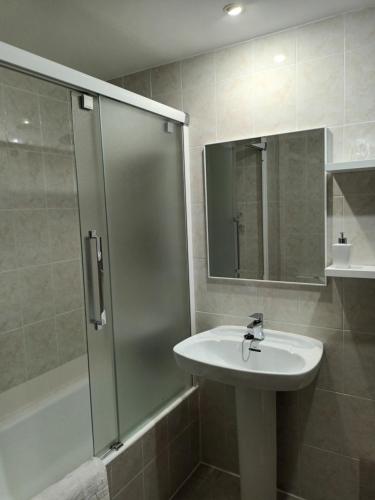 萨连特加列戈HOTEL FAMILIAR MAXIMINA的一间带水槽、淋浴和镜子的浴室