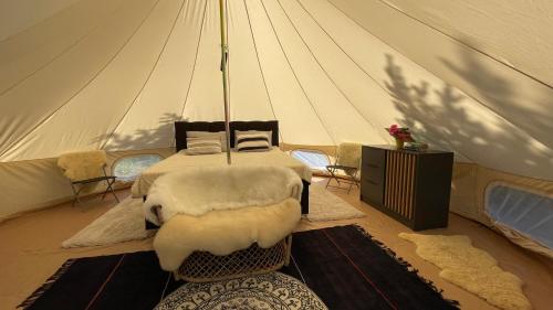 LiivaIntsu Royal Kadakametsa Glämp的帐篷内一间卧室,配有一张床