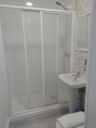 马德里米兰旅舍的带淋浴和盥洗盆的浴室