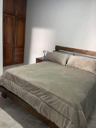 洛佩斯港Departamento vista al mar Puerto López的一间卧室配有一张大床和木制床头板