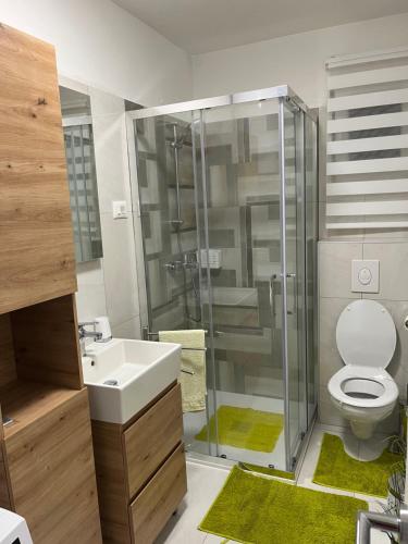 拉巴克Apartments Zahtila - Berto的带淋浴、卫生间和盥洗盆的浴室