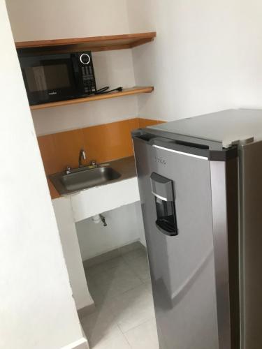 瓜纳华托Casa Caracol Guanajuato的小厨房配有不锈钢冰箱和水槽