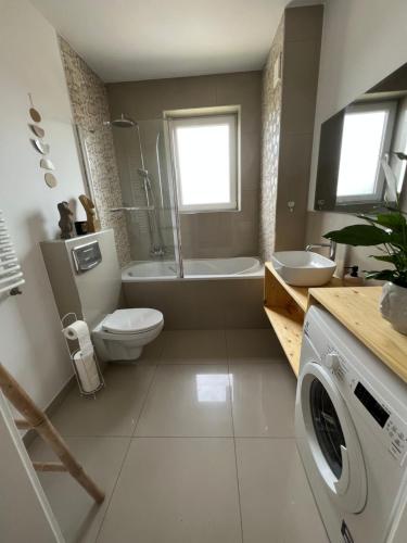 新松奇Apartament BohoLook的浴室配有卫生间、盥洗盆和洗衣机。