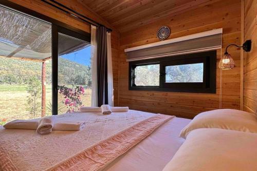 卡斯Tiny House Patara的一间带一张大床的卧室,位于带窗户的房间内