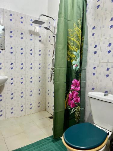RufisqueThe coolest room的带淋浴和蓝色卫生间的浴室