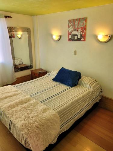 阿里卡Económicas y Cómodas Habitaciones Privadas cerca de Playa的一间卧室配有一张大床,上面有蓝色的枕头