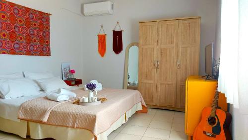 锡蒂亚Agritourism Cottage near Sitia (Henhouse)的一间卧室配有一张床和吉他