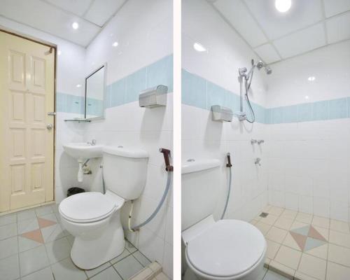 拉布安HOTEL PANTAI VIEW的浴室的两张照片,配有卫生间和水槽