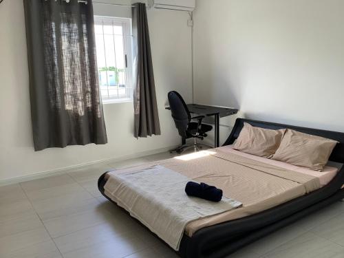路易港Cozy Place的一间卧室配有一张带书桌的床和窗户。