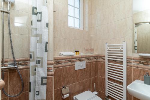 萨拉热窝Ornament Hotel的带淋浴、卫生间和盥洗盆的浴室