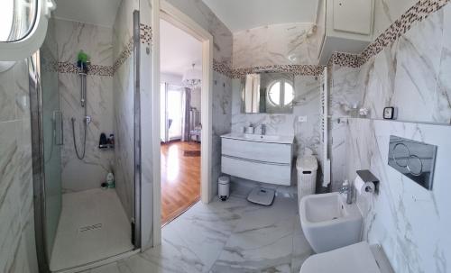 罗克布吕讷-卡普马丹Dernier étage d'une maison的白色的浴室设有水槽和淋浴。