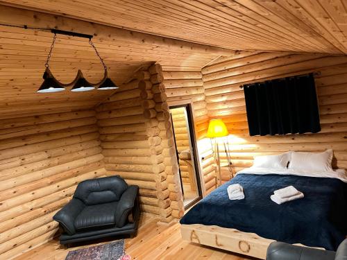 卡兹贝吉Alone Cottage Kazbegi的小木屋内一间卧室,配有一张床和一把椅子
