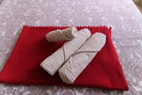 大加那利岛拉斯帕尔马斯Nomad Villa Santa Fe的红餐巾上一对带盖的带状物