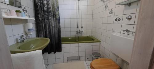 根尼斯迪亚斯BELYSIUM Bed & Breakfast Panzió的浴室配有绿色水槽和浴缸。