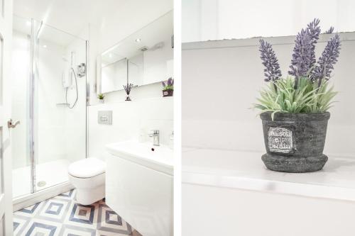 切斯特Perfect City Centre Location - Historic Albion Mews的白色的浴室设有卫生间和紫色花瓶
