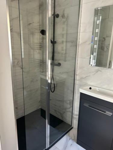 基洛格林Stylish Killorglin Apartment的浴室里设有玻璃门淋浴