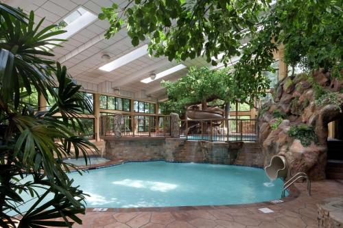 加特林堡加特林堡- 远景公园-希尔顿逸林酒店的一座树木繁茂的建筑里的大型游泳池
