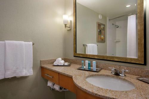 哈特福德Hilton Hartford的浴室配有盥洗盆、镜子和毛巾
