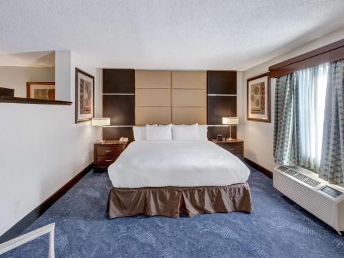 威奇托威奇托机场希尔顿逸林酒店的一间设有大床和窗户的酒店客房